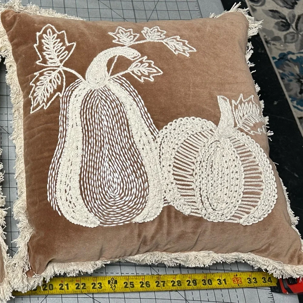 Devi Designs Brown Pillow Covers with Embroidered Pumpkins 17 x 17 Set of Two